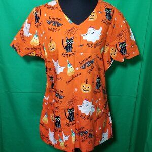 ScrubStar Scrub Top Womens Medium Halloween Ghosts Pumpkins Medical Nurse Lab